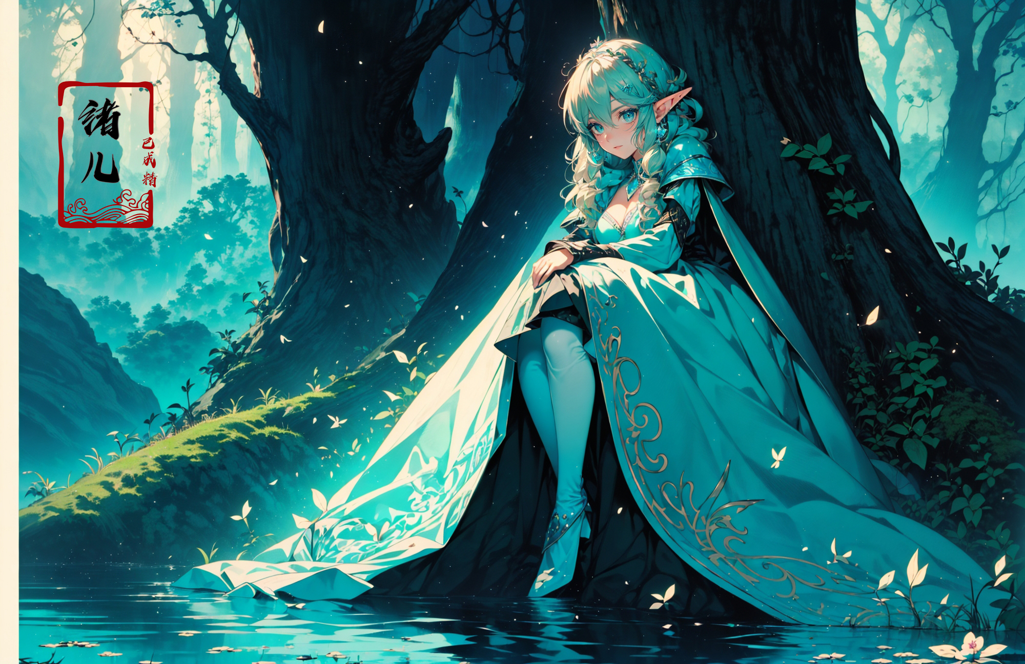 606247209521969083-1877989908-legend of zelda link between forest and ice, in the style of romantic illustrations, goblin academia, green and bronze, romantic.jpg
